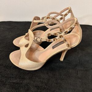 Louis Vuitton Crystal Embellished T-Strap Heels Gold Leather Sandals Sz 36 US 6